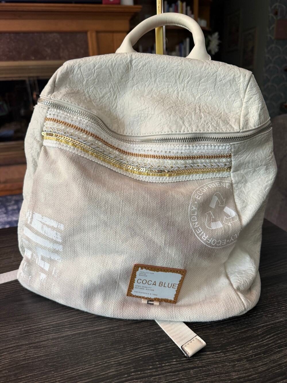 Coca Blue Eco-Friendly Canvas & Leather Accent Backpack — Cream Off-White